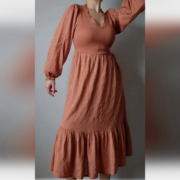Old Navy Long Sleeve Fit Flare Smocked Midi Dress Brown Rustic Western Farmhouse - Picture 2 of 11